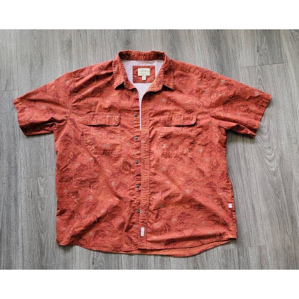 Cabela’s Trout Lure Pattern Orange Button Up Short Sleeve Cotton Size 2XLT  EUC